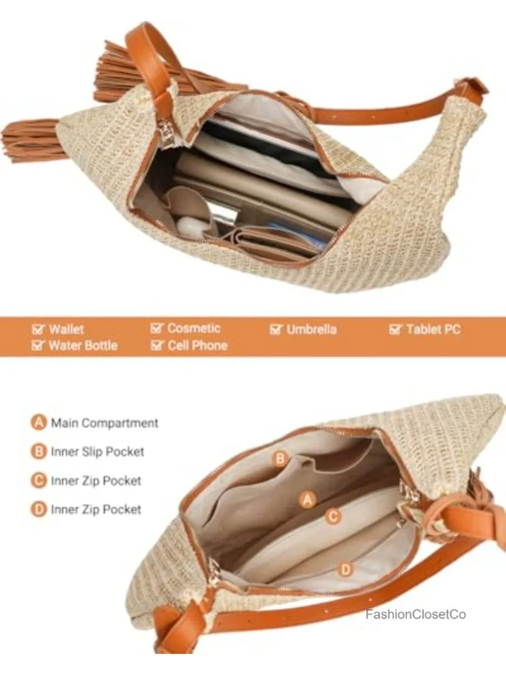 Straw Woven Hobo Tassel Crossbody Shoulder Bag Summer Beach
